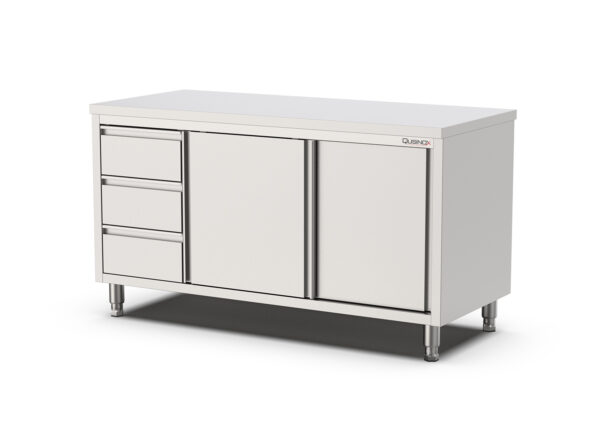 RVS Horeca Werkbank met Schuifdeuren en Laden Rechts | 1500x700x900(h)mm