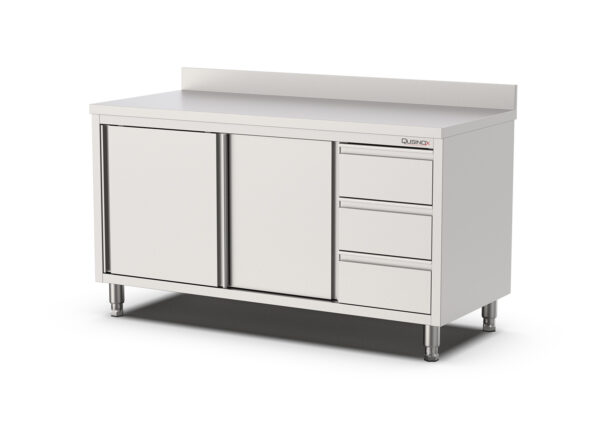 RVS Horeca Werkbank met Schuifdeuren en Laden Rechts | Opstaande Rand | 1800x700x900(h)