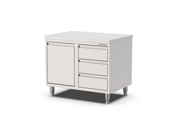RVS Horeca Werkbank | kanteldeur | 3 laden Links | 1000x700x900(h)mm