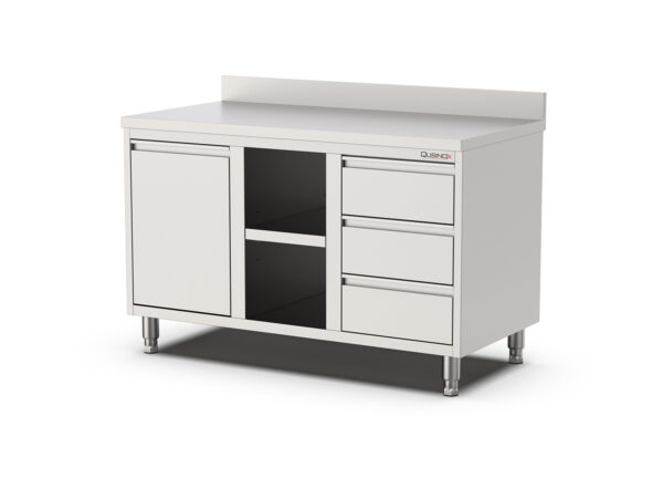 RVS Horeca Werkbank kanteldeur | 3 laden Rechts | Opstaande rand | 1400x700x900(h)mm