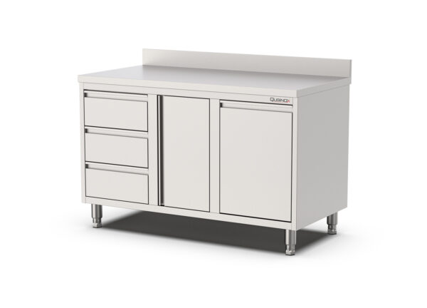 RVS Horeca Werkbank met Draaideur | kanteldeur en 3 laden Links | Opstaande rand | 1400x700x900(h)mm