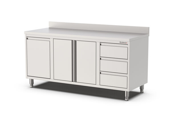 RVS Horeca Werkbank met Draaideuren | kanteldeur en 3 laden Links | Opstaande rand | 1800x700x900(h)mm