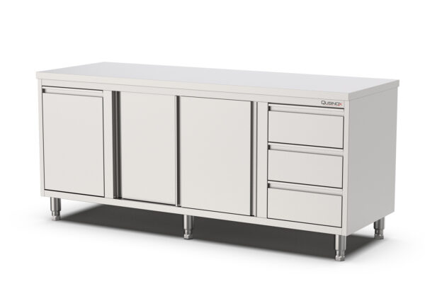 RVS Horeca Werkbank met Schuifdeuren | kanteldeur en 3 laden Links | 2000x700x900(h)mm