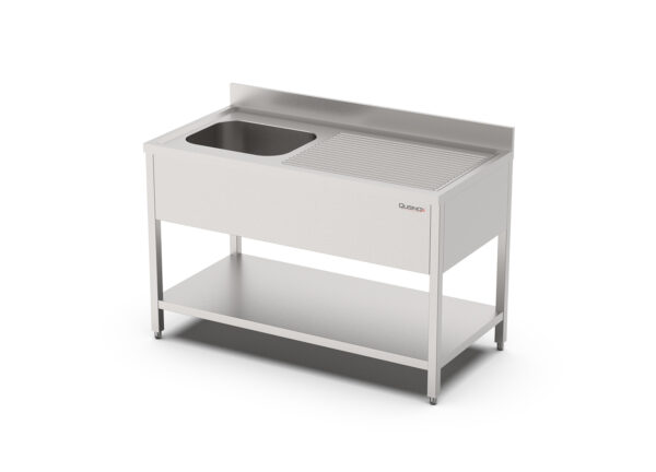RVS Spoeltafel met bodemschap | Demontabel | 1 Bak Links | Opstaande rand | 1000x700x900(h)mm